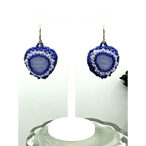 Handcrafted Blue Lace Agate & Beaded Dangle Earrings With Intricate White & Blue - Picture 5 of 5